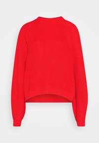 Rode gebreide trui, cropped ontwerp, geribde halslijn en manchetten, losse pasvorm, textuurstof, met raglanmouwen en een licht afgeronde zoom.