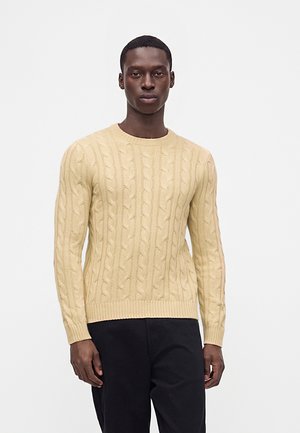 Homme portant un pull en maille torsadée beige et un pantalon noir debout devant un fond blanc uni.