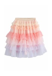 Gonna di tulle con rouches sovrapposte in gradienti di rosa pastello, pesco e lavanda. Presenta una cintura elastica e una texture morbida.