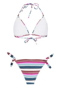 Top de bikini triangular con lazos ajustables, que presenta copas blancas y acentos de rayas de colores. Parte inferior a juego con lazos laterales y rayas horizontales.