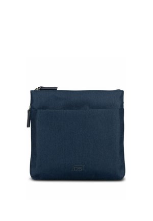 Bustina rettangolare in tessuto blu navy con tasca frontale e due chiusure lampo, marchiata con il logo "Jost" al centro in basso.