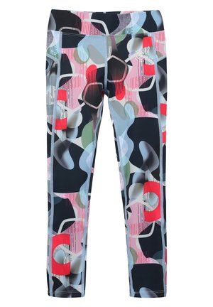 Leggings avec un motif camouflage abstrait multicolore dans des teintes de noir, rose, bleu, vert et rouge, arborant un petit logo rond blanc près de la taille.