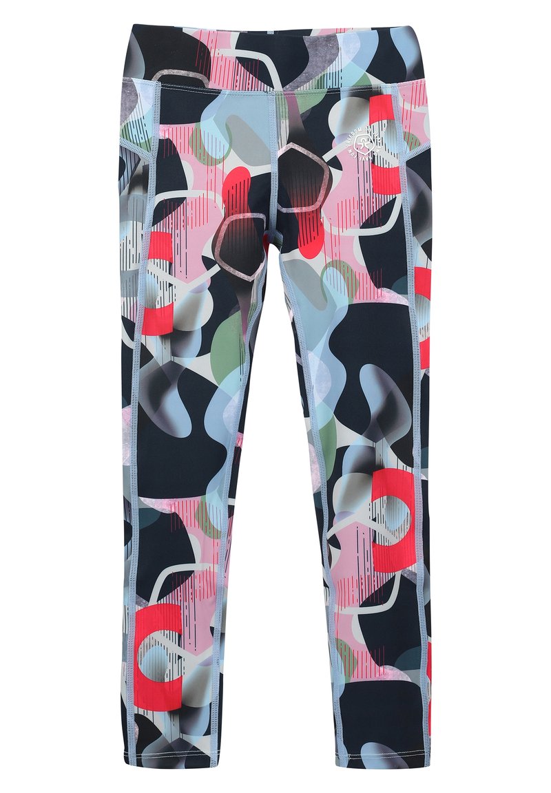 Leggings with abstract multicolor camo pattern in shades of black, pink, blue, green, and red, featuring a small round white logo near the waist.