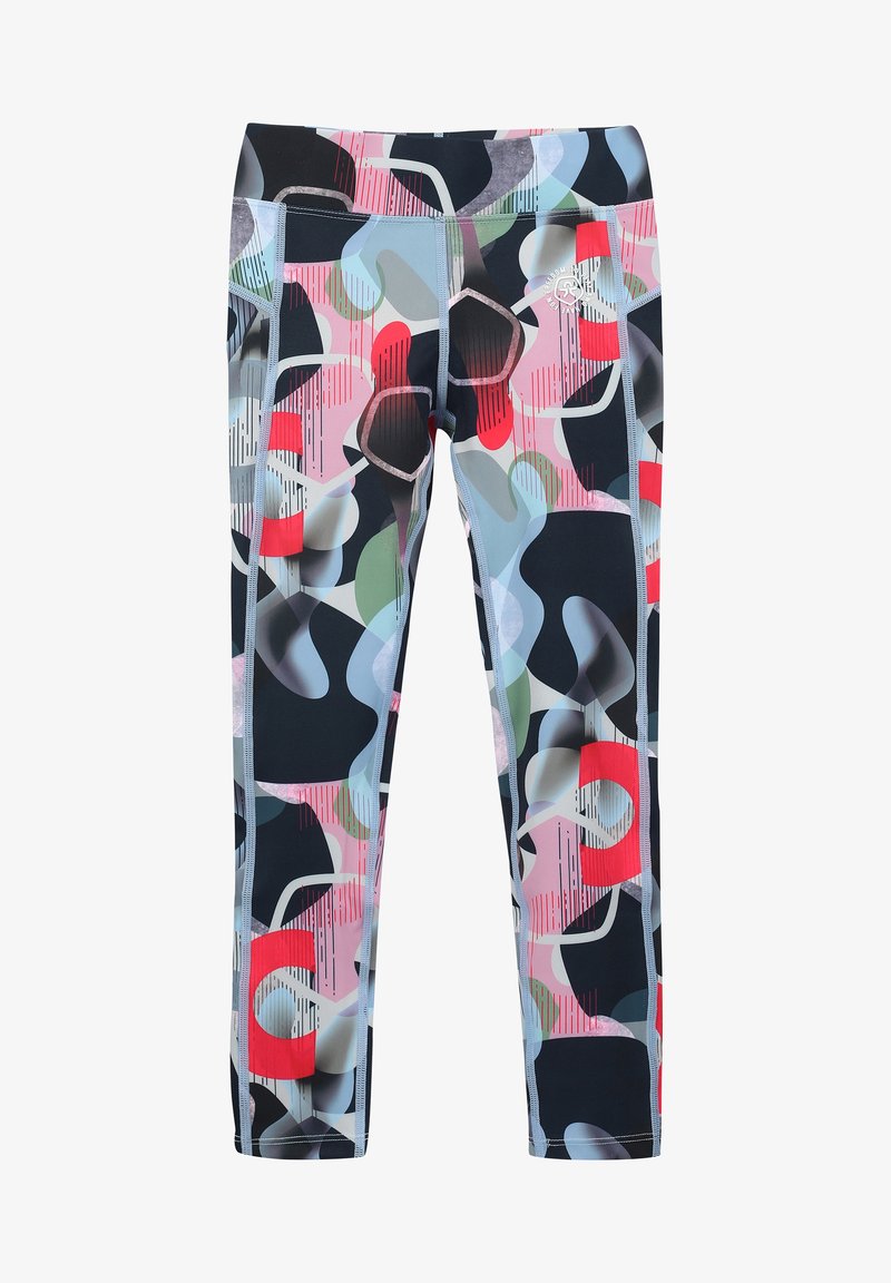 Leggings with abstract multicolor camo pattern in shades of black, pink, blue, green, and red, featuring a small round white logo near the waist.