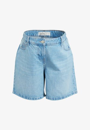 Vaaleansiniset farkkushortit, joissa on korkea vyötärö, viisi taskua ja napitus. Sileä pinta ja rento istuvuus.