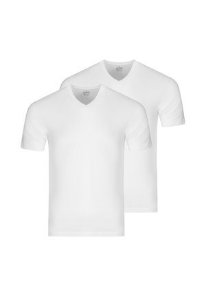 Two plain white V-neck short-sleeve T-shirts stacked, showing front view with visible neck labels on a white background.