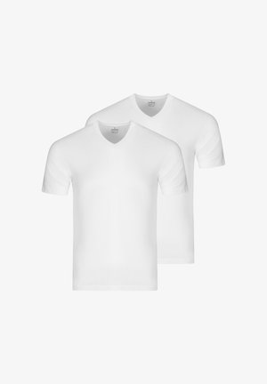 Two plain white V-neck short-sleeve T-shirts stacked, showing front view with visible neck labels on a white background.