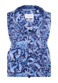 Marineblauwe katoenen shirt met een paisley patroon in verschillende tinten blauw. Fijn geweven textuur met zwarte knopen en een Comfort Fit ontwerp.