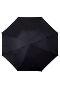 Zwarte paraplu met een gladde stoffen canopy, acht ribben en een centrale knop om te openen. Heeft een ronde handgreep en een minimalistisch ontwerp.
