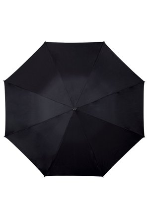 Parapluie noir avec une toile en tissu lisse, huit branches et un bouton central pour l'ouverture. Caractéristiques d'une poignée arrondie et d'un design minimaliste.