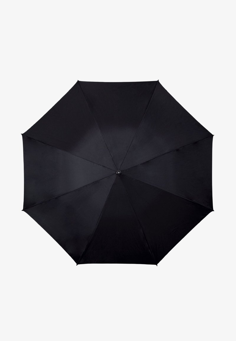 Zwarte paraplu met een gladde stoffen canopy, acht ribben en een centrale knop om te openen. Heeft een ronde handgreep en een minimalistisch ontwerp.