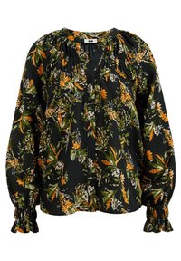 Černá květinová blůza s oranžovými a zelenými vzory, dlouhými nabíranými rukávy, nabraným výstřihem a zapínáním na knoflíky. Strukturovaná látka.