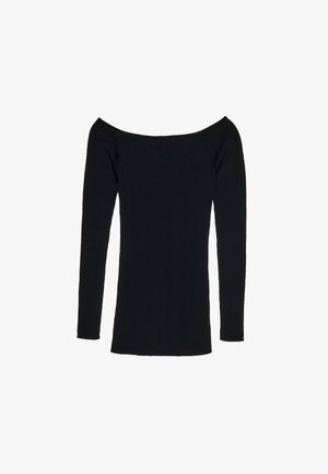 Top negro ceñido de manga larga con un escote amplio que deja los hombros al descubierto, hecho de tejido acanalado.