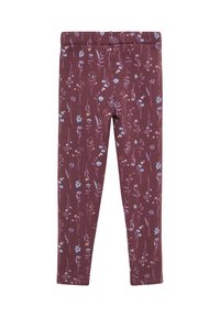Bordowe legginsy z kwiatowym wzorem w niebieskie i fioletowe akcenty, wykonane z miękkiego materiału, z elastyczną talią dla komfortu.