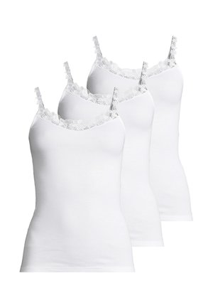 Tre canottiere da donna bianche con spalline e scollo rifiniti in pizzo, disposte sovrapposte su uno sfondo bianco.