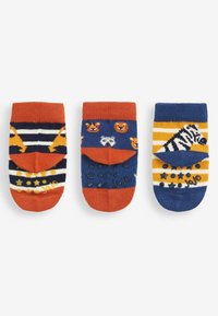 Bunte Knöchelsocken mit Tiermustern und Streifen. Verfügt über orange, marine und gelbe Farben; strukturierte Grip-Punkte auf der Sohle.