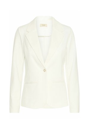 Blazer bianco con chiusura a un bottone, rever a punta, due tasche frontali e maniche lunghe, realizzato in un tessuto morbido e texture.