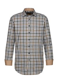 Camicia a quadri grigia, bianca e marrone; maniche lunghe con polsini beige a contrasto; chiusura davanti con bottoni; tessuto morbido; vestibilità normale.