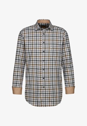 Camicia a quadri grigia, bianca e marrone; maniche lunghe con polsini beige a contrasto; chiusura davanti con bottoni; tessuto morbido; vestibilità normale.