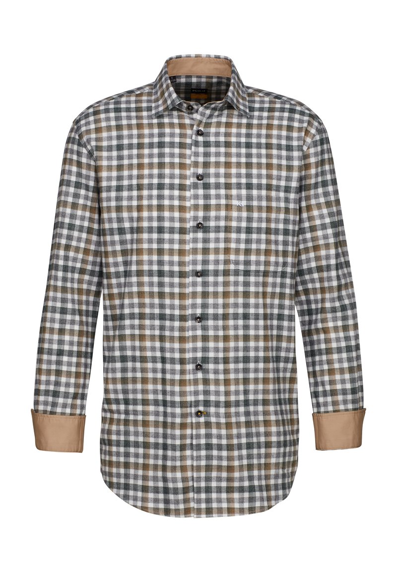 Camicia a quadri grigia, bianca e marrone; maniche lunghe con polsini beige a contrasto; chiusura davanti con bottoni; tessuto morbido; vestibilità normale.