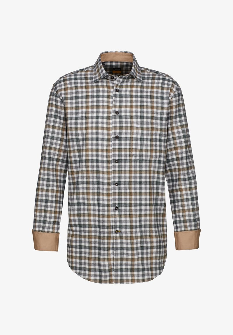 Camicia a quadri grigia, bianca e marrone; maniche lunghe con polsini beige a contrasto; chiusura davanti con bottoni; tessuto morbido; vestibilità normale.