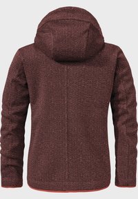 Rote strukturierte Jacke mit Kapuze, die ein gewebtes Muster aufweist, lange Ärmel und gerippte Bündchen hat. Der Saum hat einen kontrastierenden roten Rand.