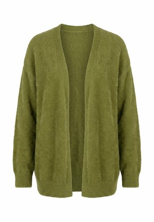 Blød, olivengrøn cardigan med åbent frontparti, lange ærmer og et lunt, tekstureret stof.