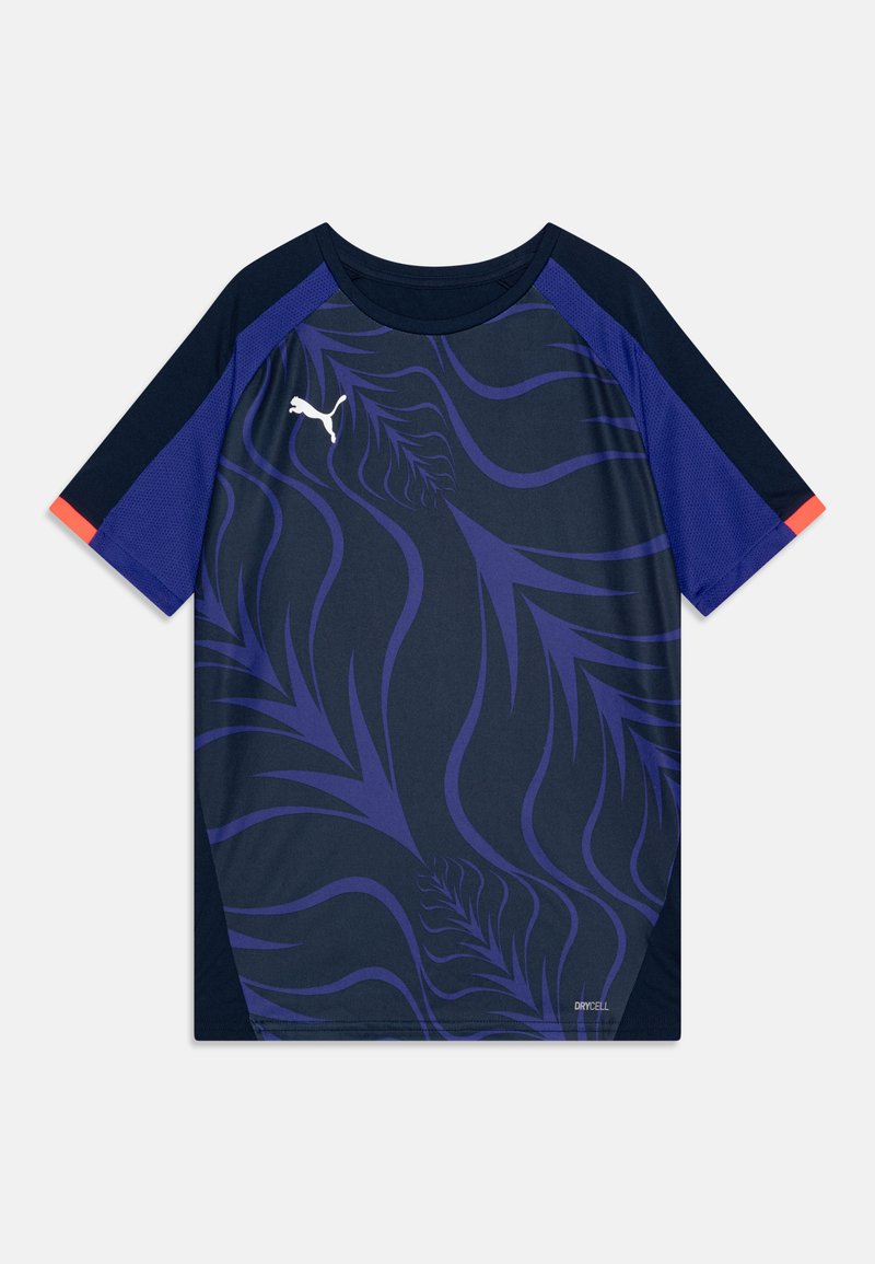 Mornarica športna majica s purpurno valovito zasnovo, kontrastnimi modrimi mrežastimi rokavi in rdečimi poudarki na manšeti; izdelana iz zračnega materiala.