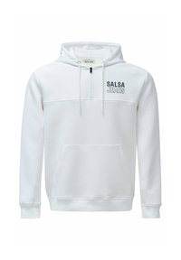 Sudadera blanca con bolsillo canguro en la parte frontal, capucha con cordón y cierre de media cremallera. Presenta el logo "SALSA JEANS" en un gris oscuro contrastante.