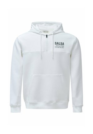 Bela kapuca s sprednjim kengurujem žepom, kapuco z vrvico in zadrgo do polovice. Vsebuje logo "SALSA JEANS" v kontrastni temno sivi barvi.