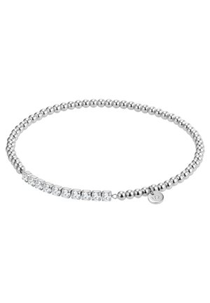 Bracelet en perles argentées comprenant des perles lisses alternées et des montures carrées avec des pierres claires incrustées, accompagné d'un petit charm avec logo.