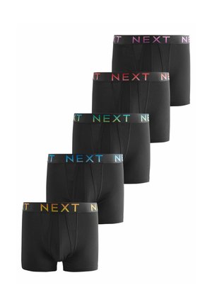 Black boxer briefs with varying colored "NEXT" logo waistbands in purple, red, green, blue, and orange. Cotton material, fitted design.