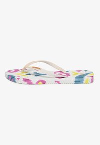 Tongs blanches avec des brides beiges et un motif floral multicolore rose, jaune et bleu sur la semelle.