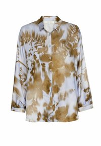 Langarmige button-down shirt van lichtgewicht stof met een bruin-wit abstract patroon, voorzien van een kraag en manchetten.