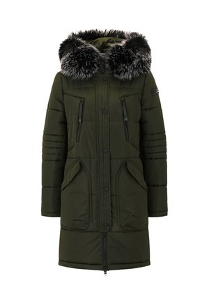 Donkergroene gewatteerde parka met een afneembare neppelsenkap, ritssluitingen aan de voorkant en elastische manchetten. Ritsluiting en gequilt oppervlak.