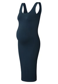 Robe de maternité en navy côtelé avec une conception sans manches, une silhouette ajustée et une longueur au genou. Fabriquée en tissu extensible pour le confort.