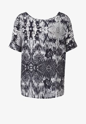 Top a maniche corte con motivo astratto blu navy e bianco. Realizzato in tessuto leggero con una silhouette ampia e squadrata e scollatura ampia.