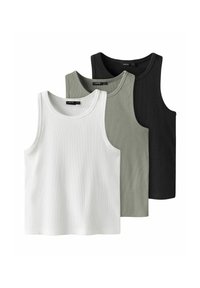 Trois débardeurs côtelés en blanc, vert olive et noir. Design classique sans manches avec encolures arrondies. Matière en mélange de coton doux.