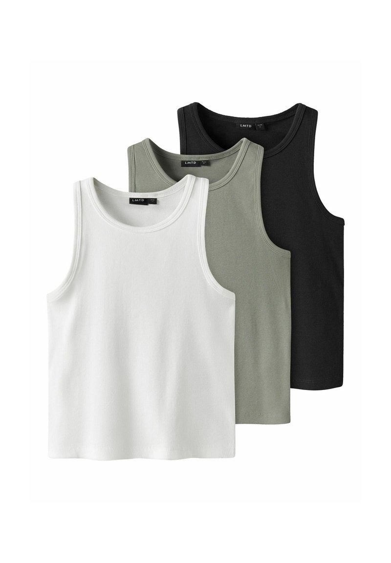 Trois débardeurs côtelés en blanc, vert olive et noir. Design classique sans manches avec encolures arrondies. Matière en mélange de coton doux.