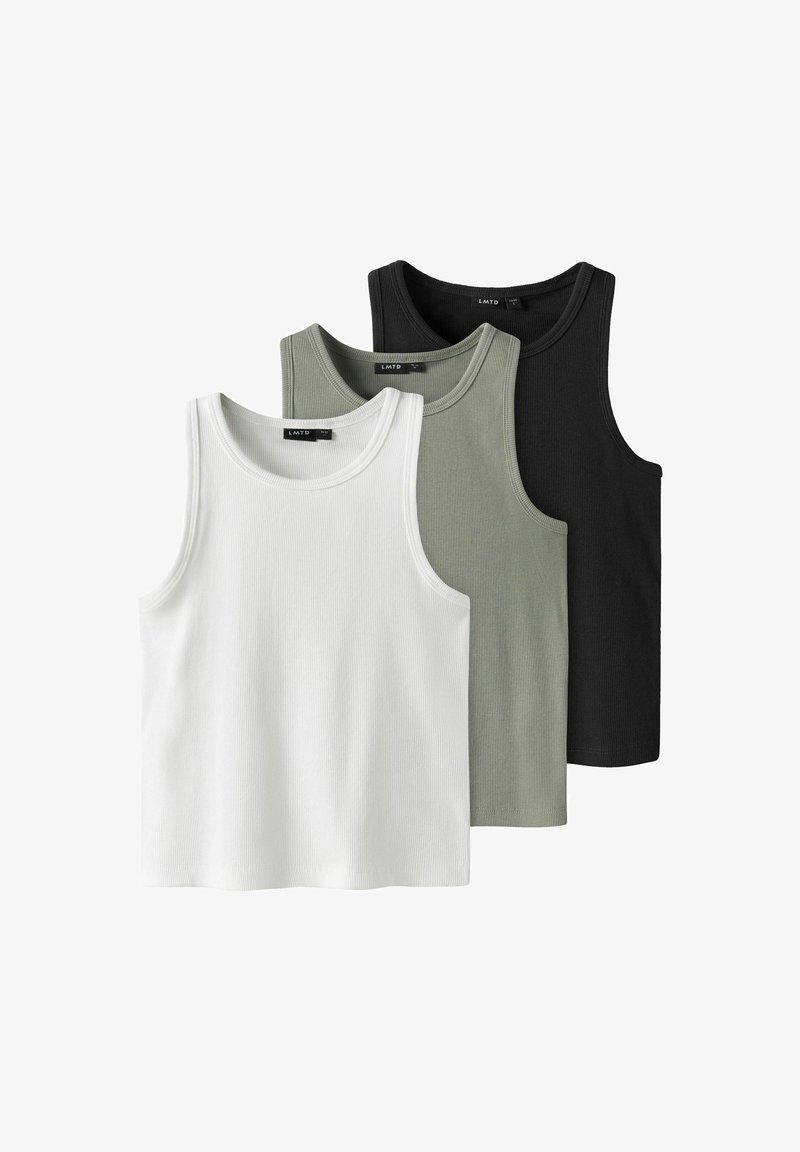 Tři žebrované tílka v bílé, olivové a černé barvě. Klasický bezrukávový design s kulatými výstřihy. Měkký materiál z bavlněné směsi.