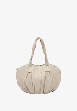 Beżowa miękka skórzana torebka z dwoma wyściełanymi uchwytami, marszczeniem u podstawy i zamknięciem na górze na zamek błyskawiczny.