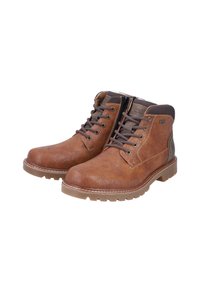Botas de tobillo de cuero marrón con acabado texturizado, puntera redonda, cuello acolchado y acentos laterales contrastantes. Presentan un sistema de cordones en la parte delantera y una suela de goma duradera.
