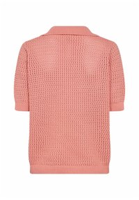 Crochet-knit short-sleeve top in soft pastel pink, featuring a collared neckline and ribbed cuffs. Open weave texture throughout.