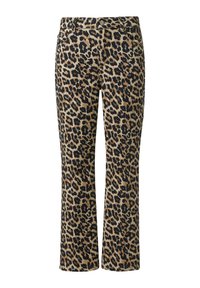 Leopard print trousers featuring a brown and black color palette, straight-leg design, and classic five-pocket styling.