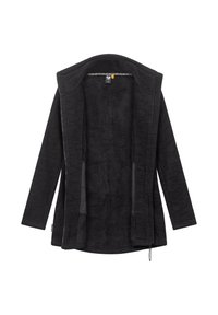 Black fleece jacket with a zip front, long sleeves, and a lined interior. Features side pockets and a drawstring at the hem.