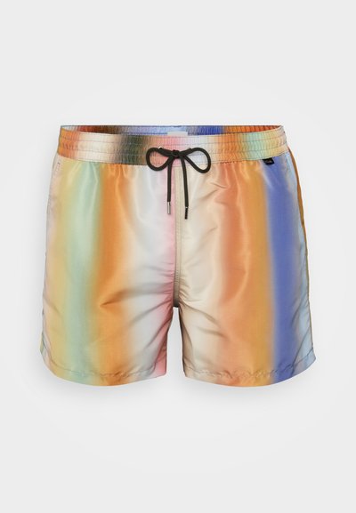 Trunchi de baie colorate, realizate dintr-un material ușor și neted, cu un model în gradient de curcubeu, talie elastică și șnur negru.