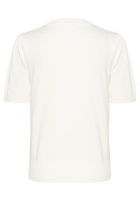 Maglione a maniche corte color crema con una texture liscia. Presenta un colletto e un orlo a coste, con una leggera sagomatura nelle maniche.