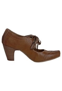 Chaussure à talon haut en cuir marron avec un bout arrondi, des coutures décoratives, un laçage et un talon empilé texturé.