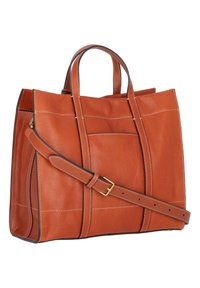 Sac fourre-tout en cuir marron avec doubles poignées, une sangle amovible, des coutures contrastées et une poche extérieure pour plus de détails.