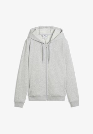 Felpa con cappuccio grigio chiaro con zip, realizzata in tessuto morbido. Presenta un cappuccio, tasche e un piccolo logo sul petto. Polsini e orlo a coste.